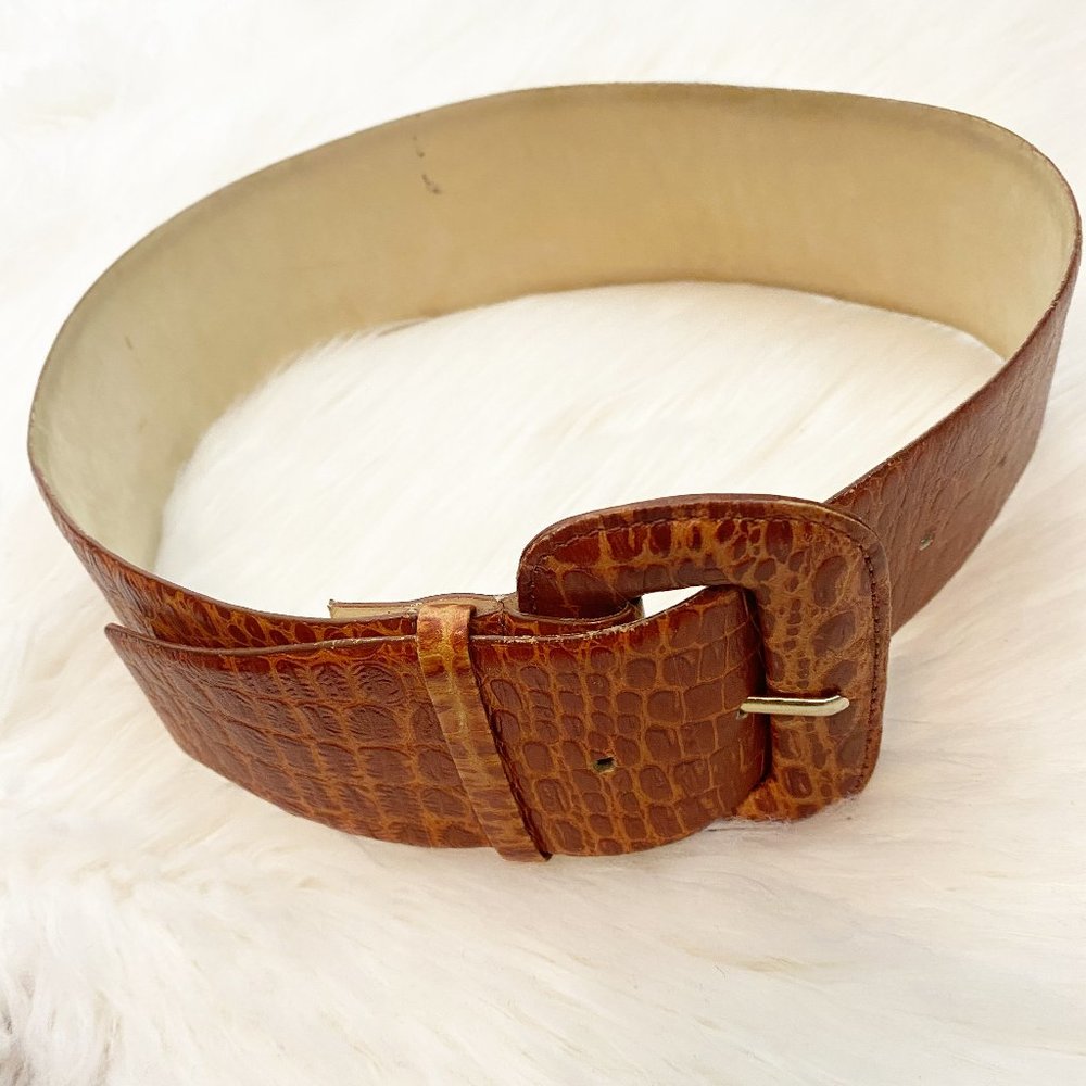 Vintage Fob Trading Leather Croc Print Brown Belt Uruguay S/M